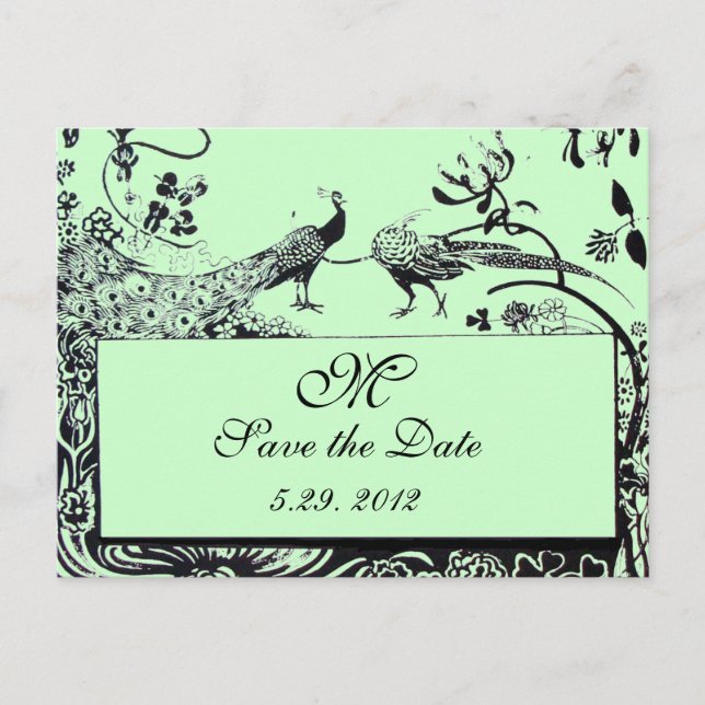 Postal BODA AMAR AVES MONOGRAM verde negro y blanco (Anverso)