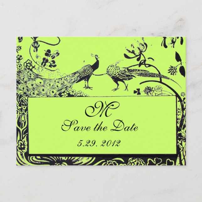 Postal BODA AMAR AVES MONOGRAM verde negro y blanco (Anverso)