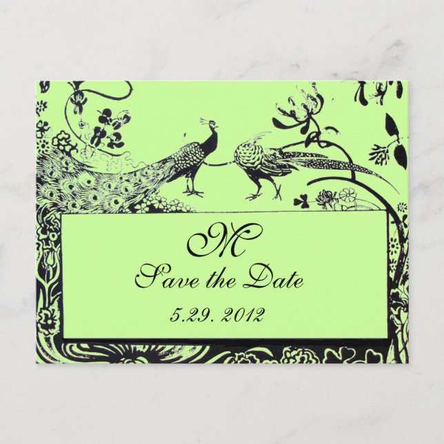 Postal BODA AMAR AVES MONOGRAM verde negro y blanco (Anverso)