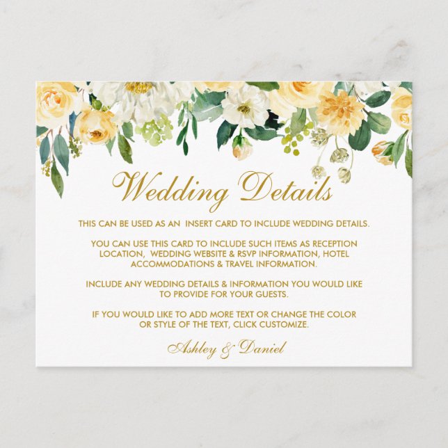 Postal Boda amarillo dorado floral Detalles Insertar tarj (Anverso)