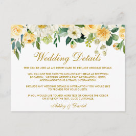 Postal Boda amarillo dorado floral Detalles Insertar tarj