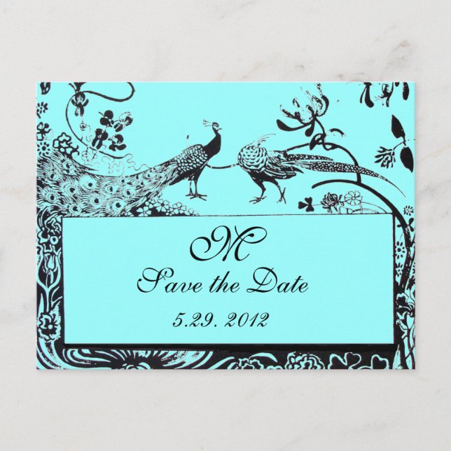 Postal BODA AMOR AVES MONOGRAM azul negro y blanco (Anverso)