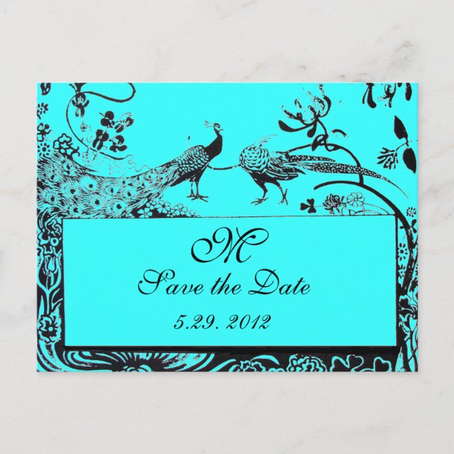 Postal BODA AMOR AVES MONOGRAM azul negro y blanco (Anverso)