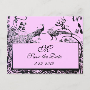 Postal BODA AMOR AVES MONOGRAM rosa negro y blanco