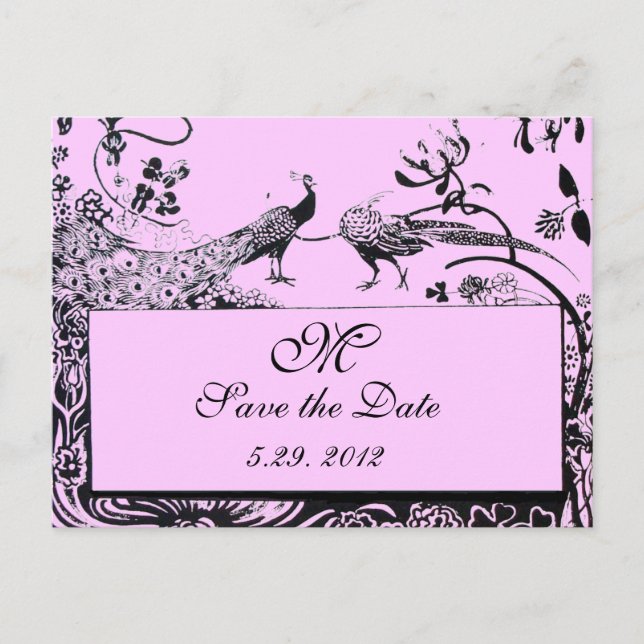 Postal BODA AMOR AVES MONOGRAM rosa negro y blanco (Anverso)