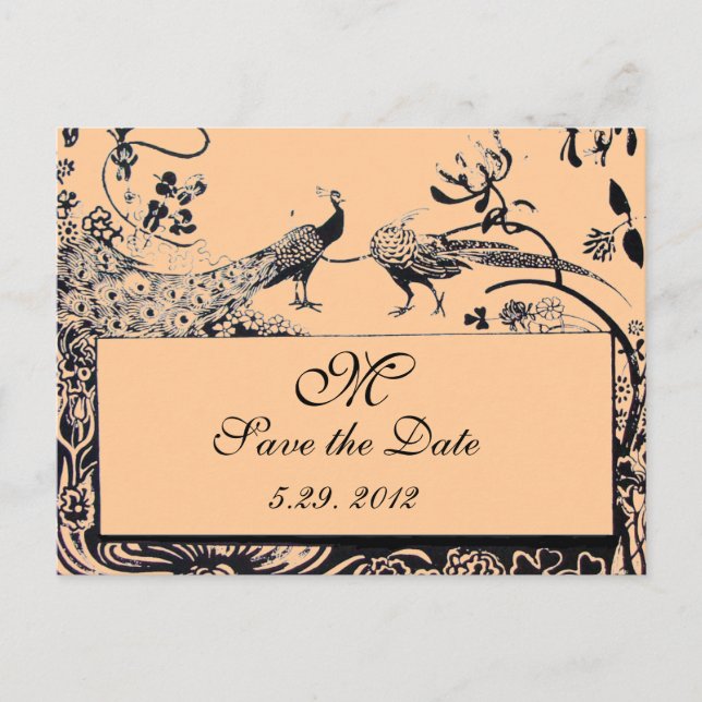 Postal BODA AMOR AVES MONOGRAM rosa negro y blanco (Anverso)