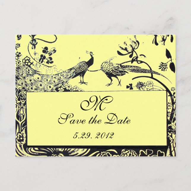 Postal BODA AMOR AVES MONOGRAMA amarillo y negro (Anverso)