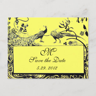 Postal BODA AMOR AVES MONOGRAMA amarillo y negro