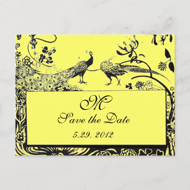 Postal BODA AMOR AVES MONOGRAMA amarillo y negro (Anverso)