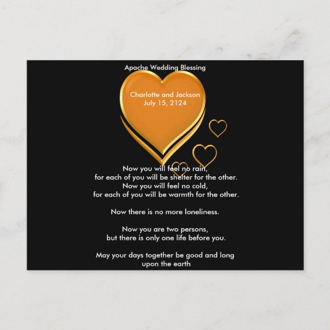 Postal Boda Apache bendiciendo corazones de oro (Anverso)