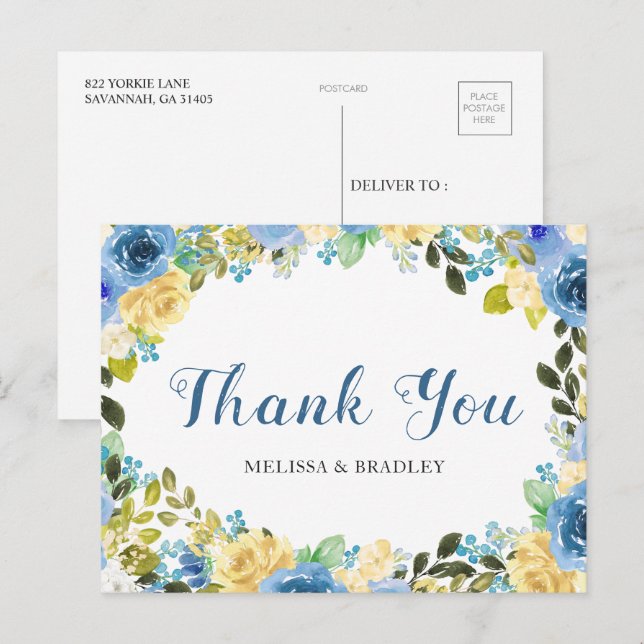 Postal Boda Azul Amarillo Floral Gracias Postcard (Anverso / Reverso)