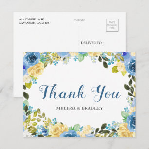Postal Boda Azul Amarillo Floral Gracias Postcard