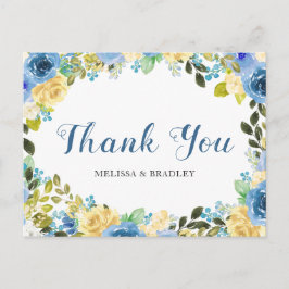 Postal Boda Azul Amarillo Floral Gracias Postcard