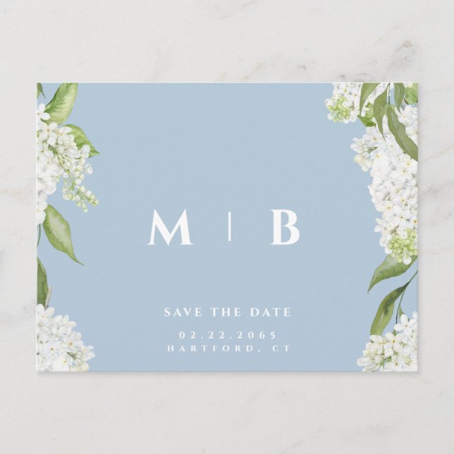 Postal Boda azul cielo floral blanca salva la fecha (Anverso)