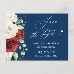 Postal Boda azul de la Marina Floral Blanca Roja salva la