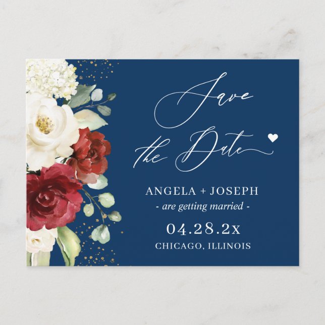 Postal Boda azul de la Marina Floral Blanca Roja salva la (Anverso)