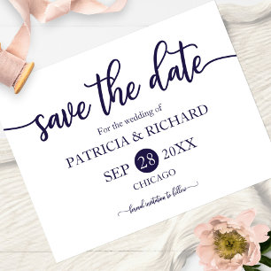 Postal Boda Azul Marino Blanco Caligrafía Save The Date