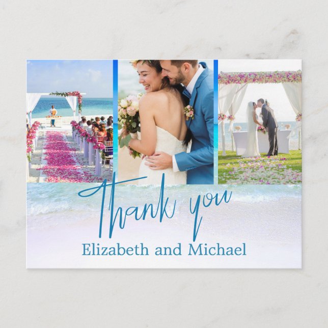 Postal Boda Beach Blue Ocean 3 Foto Elegante Gracias (Anverso)