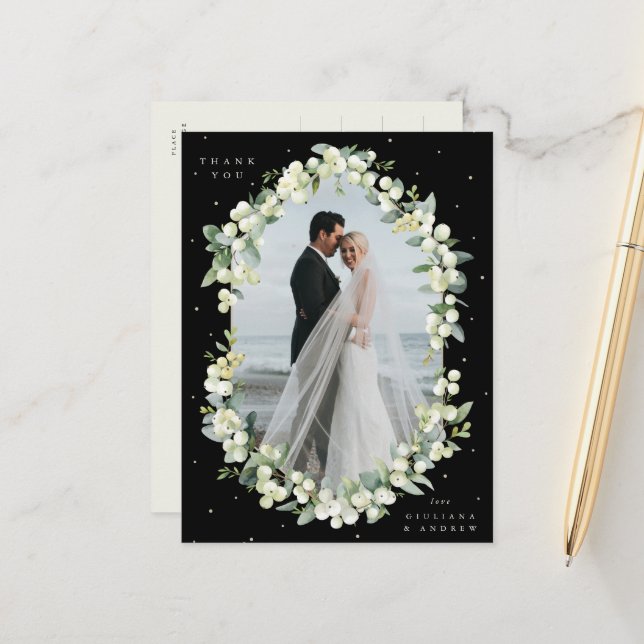 Postal Boda Black Snowberry+Eucalyptus Gracias Foto (Anverso/Reverso In Situ)