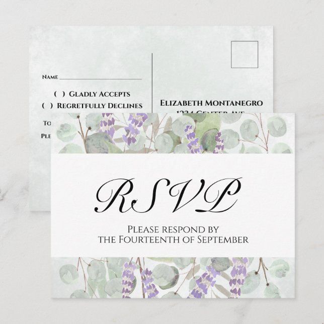 Postal Boda Boho Chic Eucalipto y Lavanda RSVP (Anverso / Reverso)