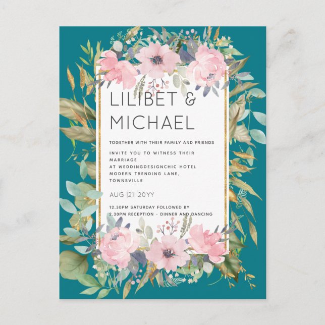 Postal Boda Boho de la vegetación floral rosa de Rubor (Anverso)