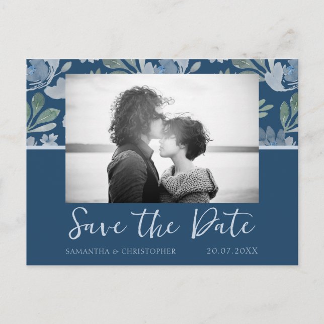 Postal Boda Boho Dusty Blue y Verde Teal Save the Date (Anverso)