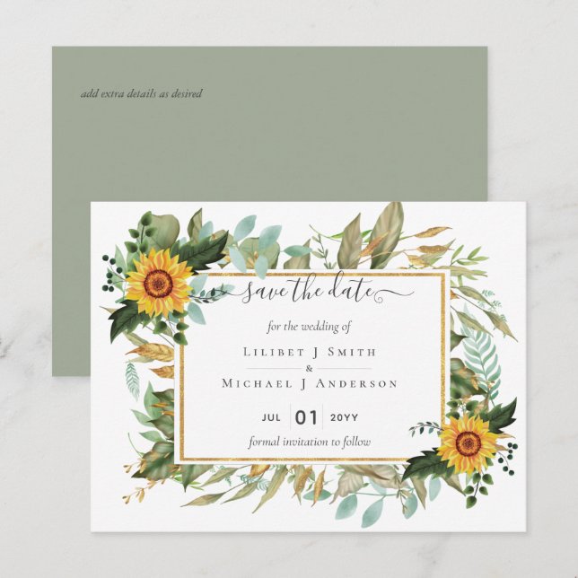 Postal Boda Boho Sunflower Sage Verde (Anverso / Reverso)