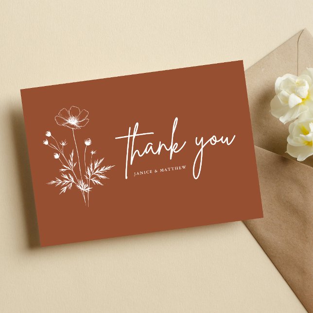 Postal Boda Boho Terracota Flor Silvestre Rústica (Rustic terracotta boho postcard adds floral charm and shares your wedding message beautifully.)