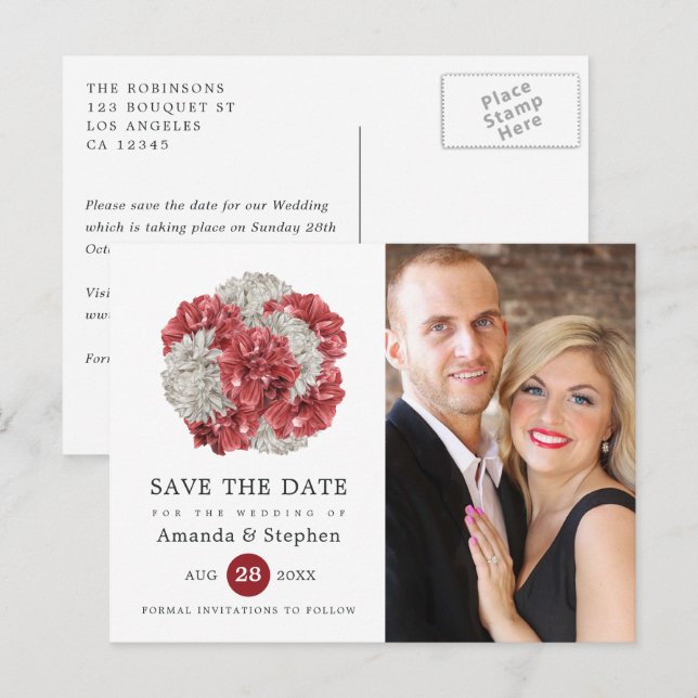 Postal Boda Borgoña y Floral Save the Date (Anverso / Reverso)