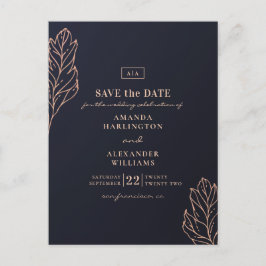 Postal Boda botánica dorada de la marina. Blue Save the D