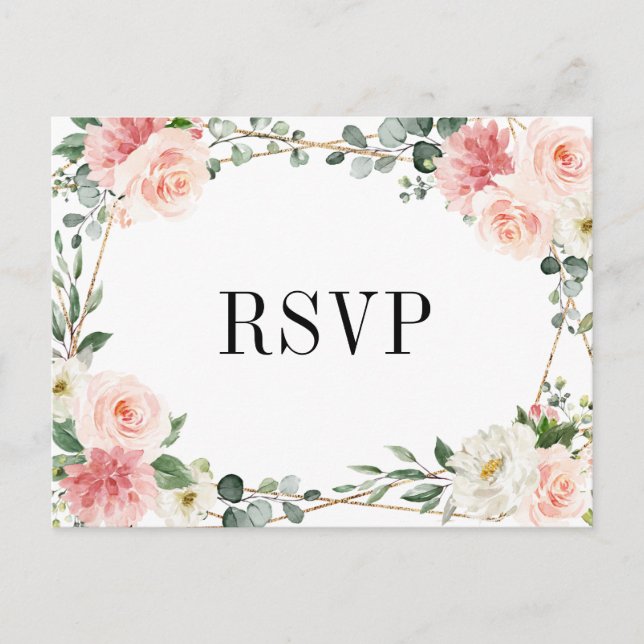 Postal Boda Botánica Geométrica Floral Rosa Rubor RSVP (Anverso)