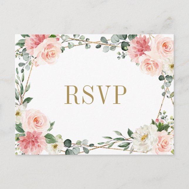 Postal Boda Botánica Geométrica Floral Rosa Rubor RSVP (Anverso)