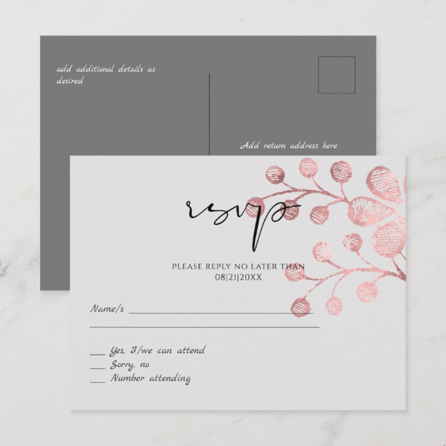 Postal Boda Botánica Gris Rosa RSVP (Anverso / Reverso)