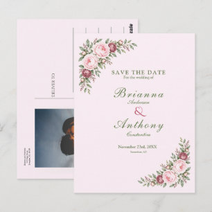 Postal Boda botánica romántica de rosa polvorienta rosa p
