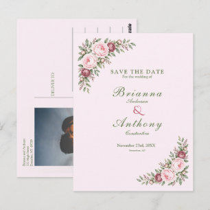 Postal Boda botánica romántica de rosa polvorienta rosa p