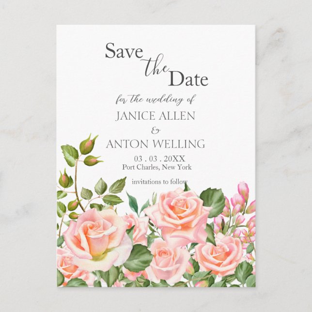 Postal Boda botánica rosa Rubor Salven la fecha (Anverso)