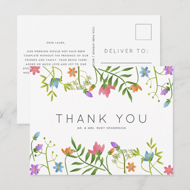 Postal Boda Botánico de Flores Silvestres Gracias (Anverso / Reverso)