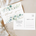 Postal Boda Botánico Dorado y Verde Gracias<br><div class="desc">Esta postal de agradecimiento incluye eucalipto de color agua pintada,  hojas de purpurina verde botánico y oro con escritura dorada.</div>