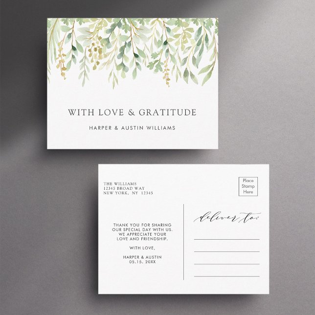 Postal Boda Botánico Foliage Verde Gracias (Front & Back)