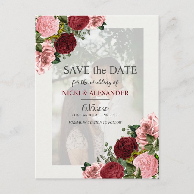Postal Boda Burgundy Blush Rosa Foto Desvanecida Guardar  (Anverso)