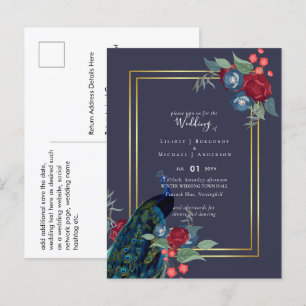 Postal Boda Caída del Peacock Blue Burgundy Winter