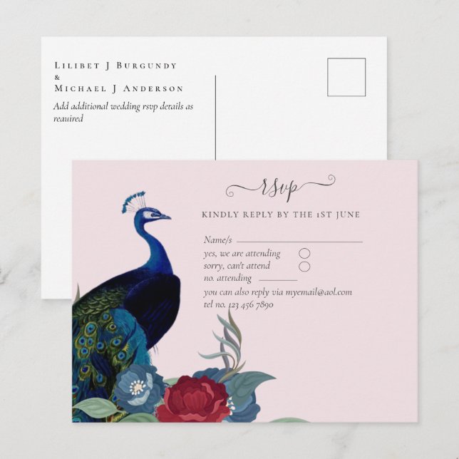 Postal Boda Caída del Peacock Blue Burgundy Winter (Anverso / Reverso)