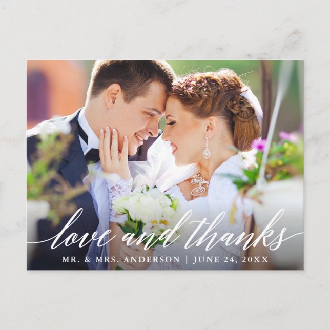 Postal Boda Caligrafía Amor y Gracias Foto (Anverso)