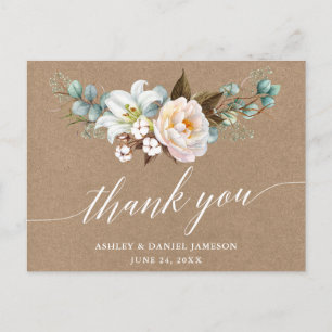 Postal Boda Caligrafía Floral Botánica Kraft Gracias