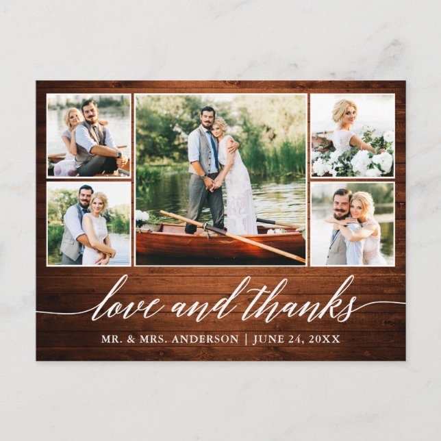 Postal Boda Caligrafía Madera 5 Foto Amor Gracias (Anverso)