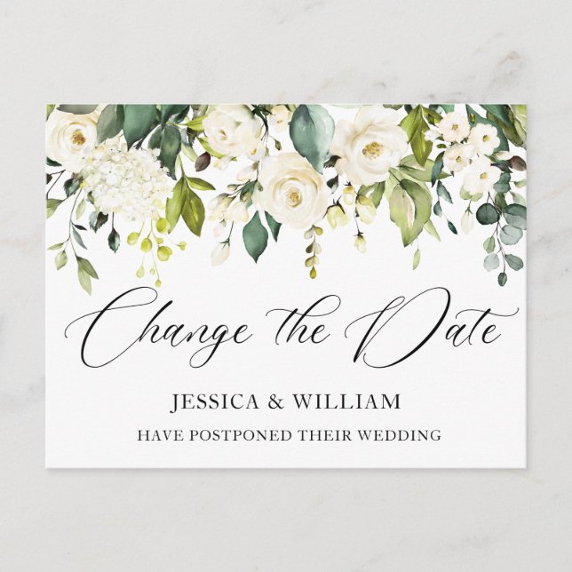 Postal Boda cambia las elegantes rosas blancas de fecha (Anverso)