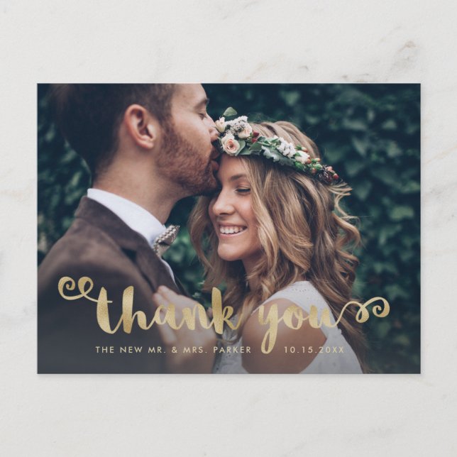 Postal Boda caprichoso Foto Faux Gold Script Gracias (Anverso)
