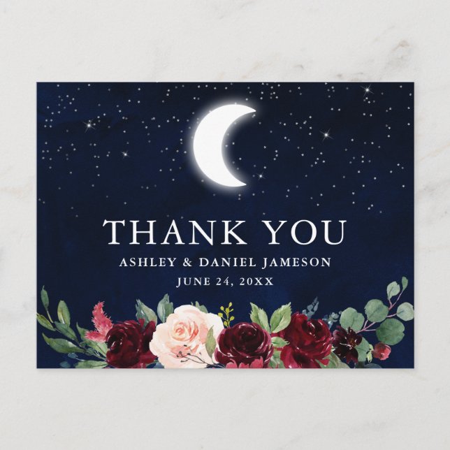 Postal Boda celeste Sky Moon Stars Floral Gracias (Anverso)