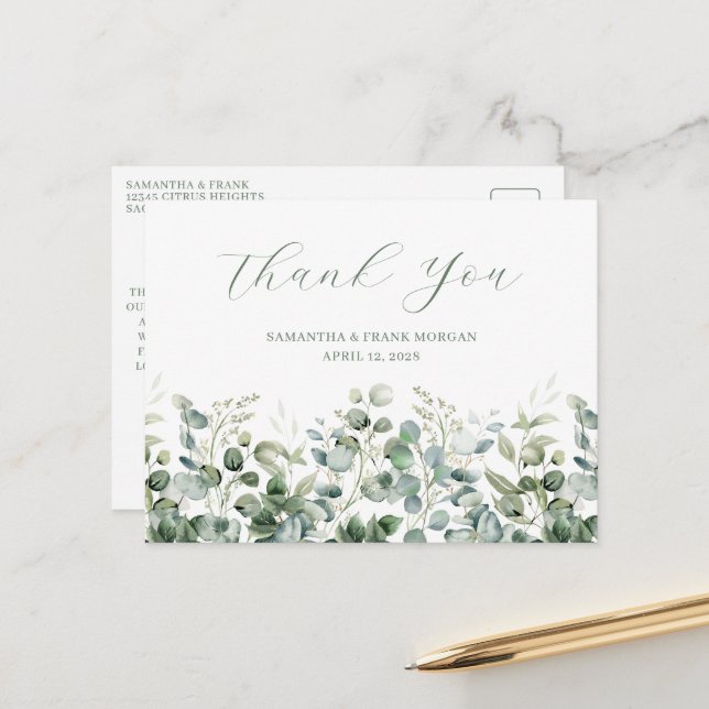 Postal Boda con borde de vegetación de eucalipto en acuar (Anverso/Reverso In Situ)