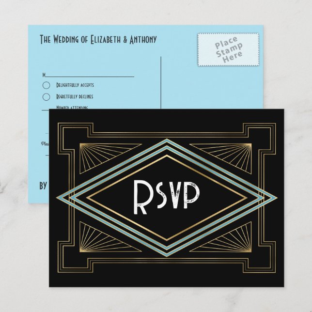 Postal Boda con estilo Art Déco inspirada en Gatsby de co (Anverso / Reverso)